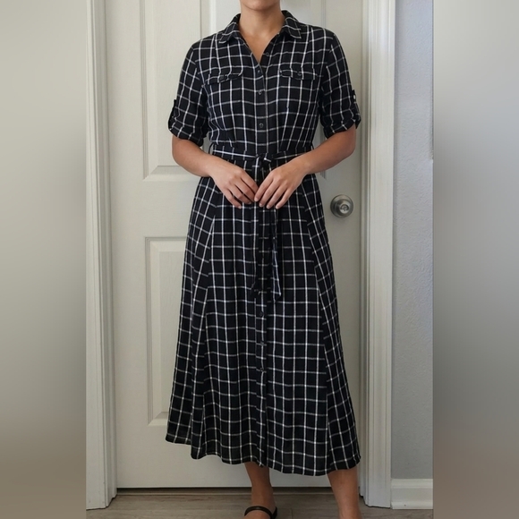 Calvin Klein Dresses & Skirts - Calvin Klein Black and White Windowpane Maxi Shirt Dress